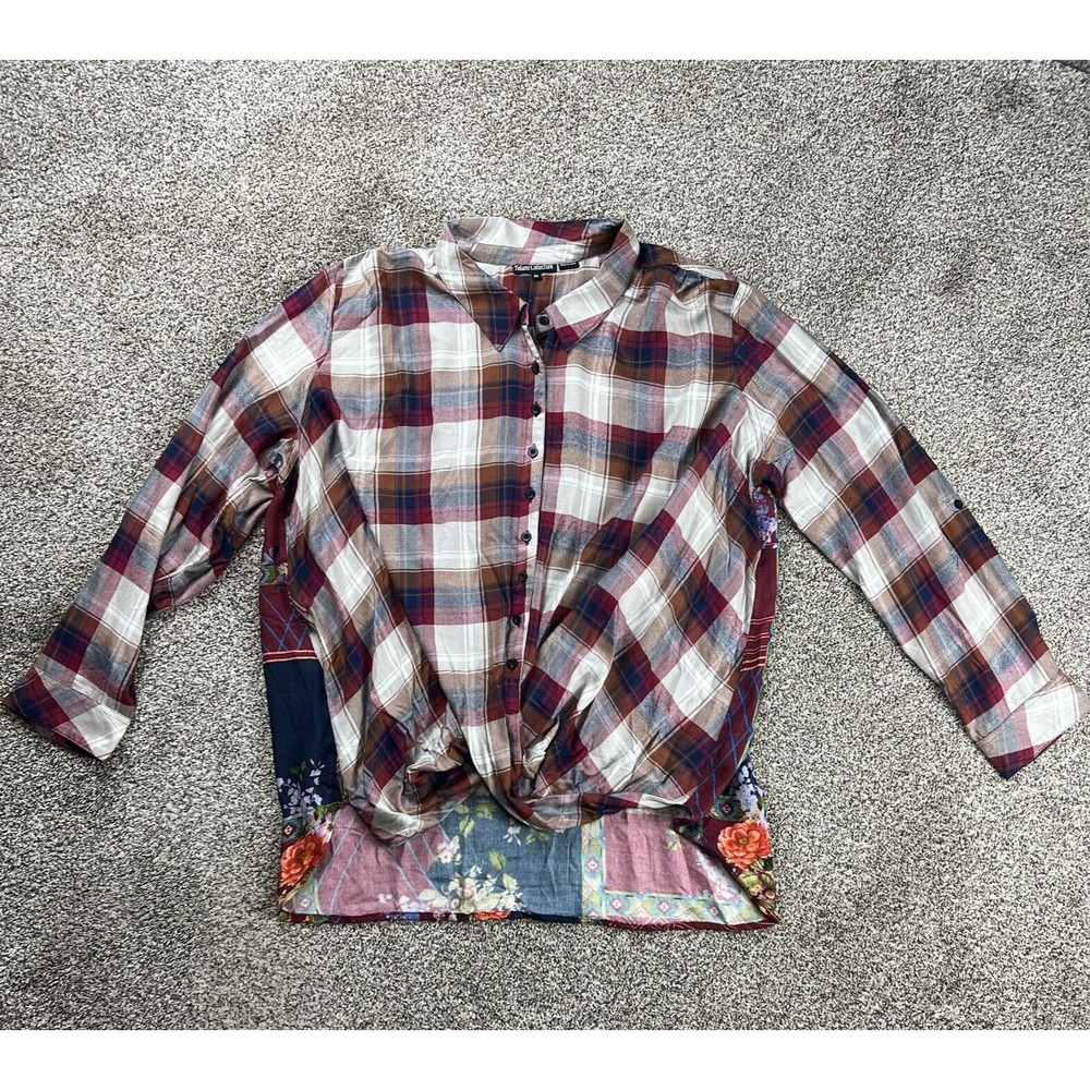 Tolani‎ Collection Blouse Womens 3X Navy and Red Plaid Pullover Ruffled Sleeve